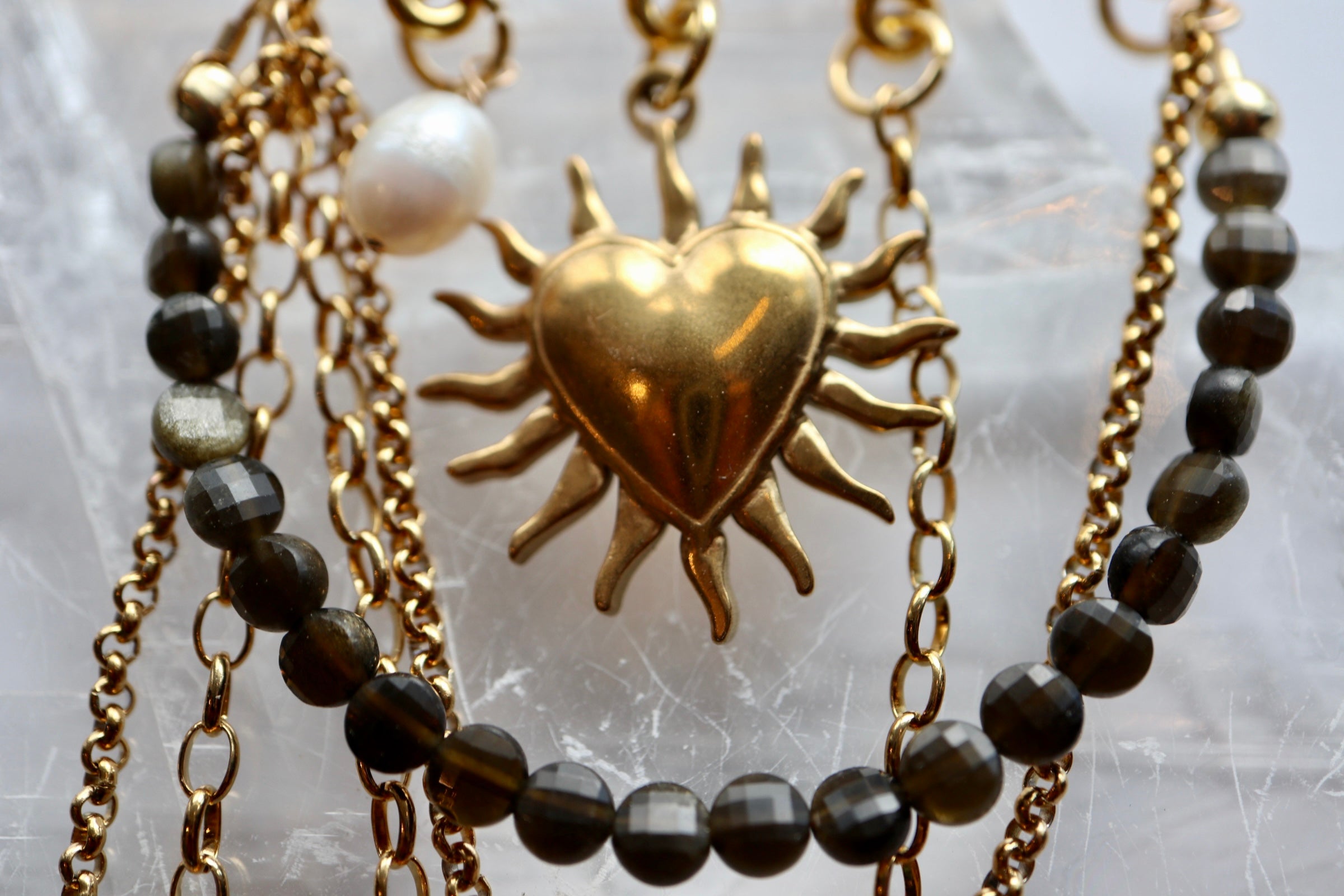 Velora – Gold Sheen Obsidian & Pearl Pin Brooch with Heart Charm