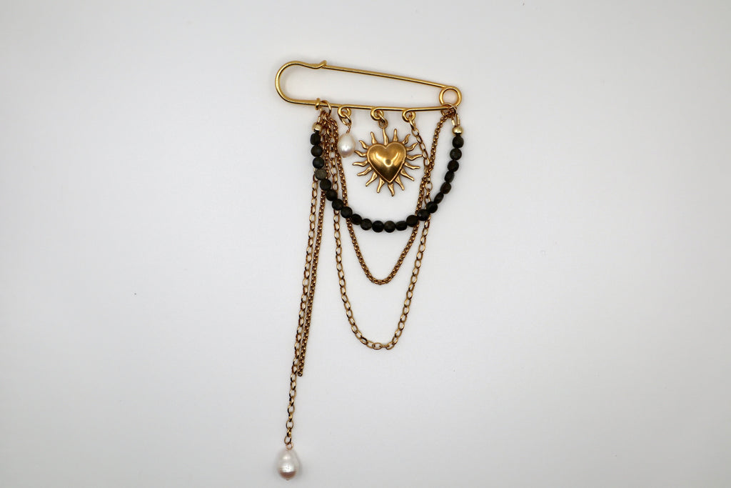 Velora – Gold Sheen Obsidian & Pearl Pin Brooch with Heart Charm