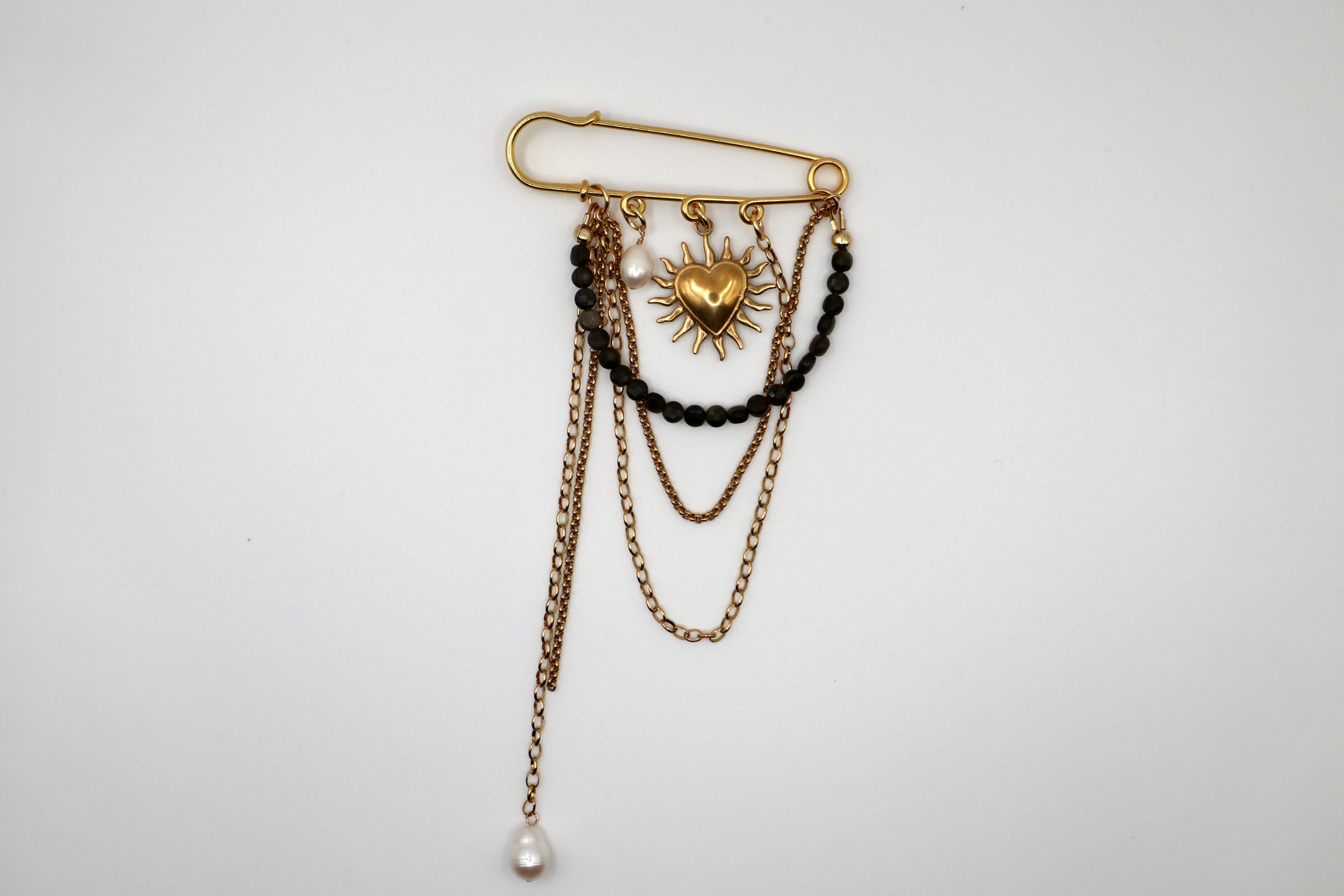Velora – Gold Sheen Obsidian & Pearl Pin Brooch with Heart Charm