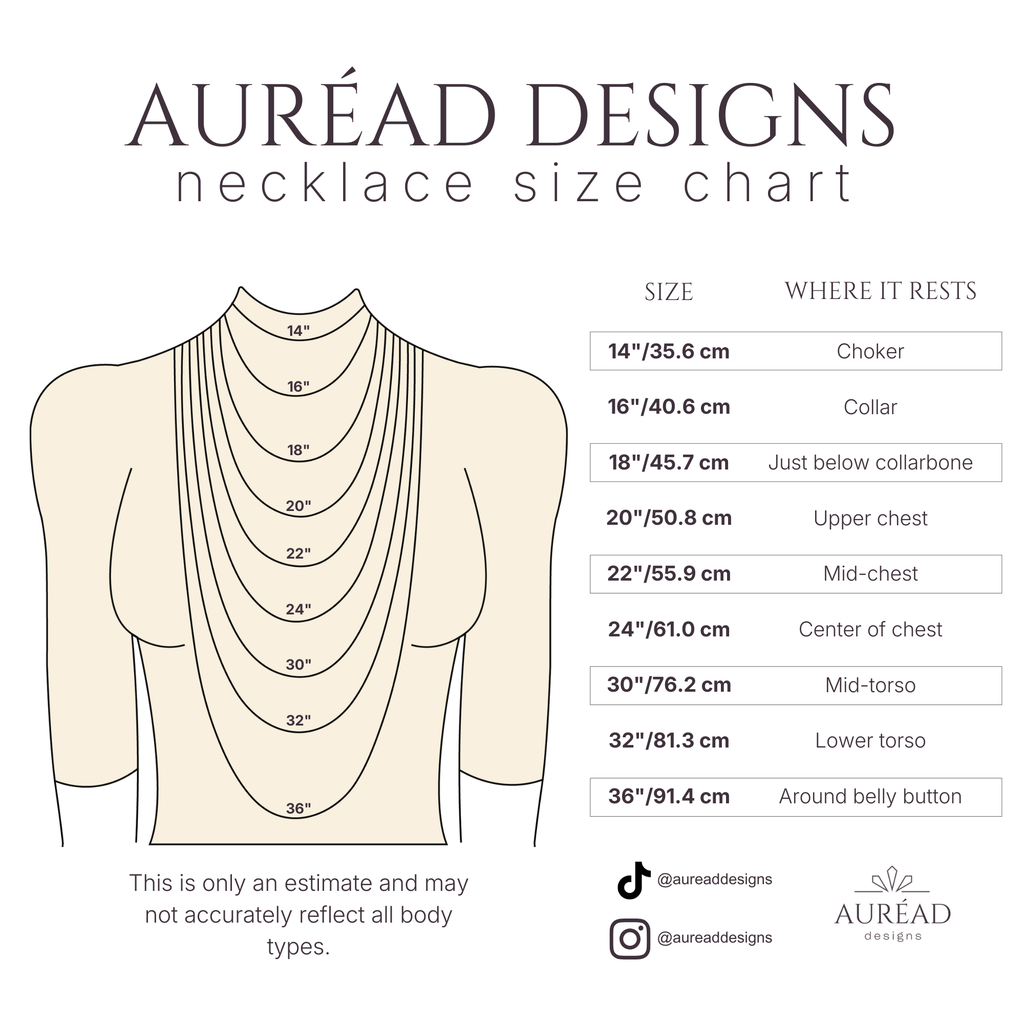 Auréad Designs necklace sizing guide infographic showing length options from choker to opera length with illustrated neckline reference
