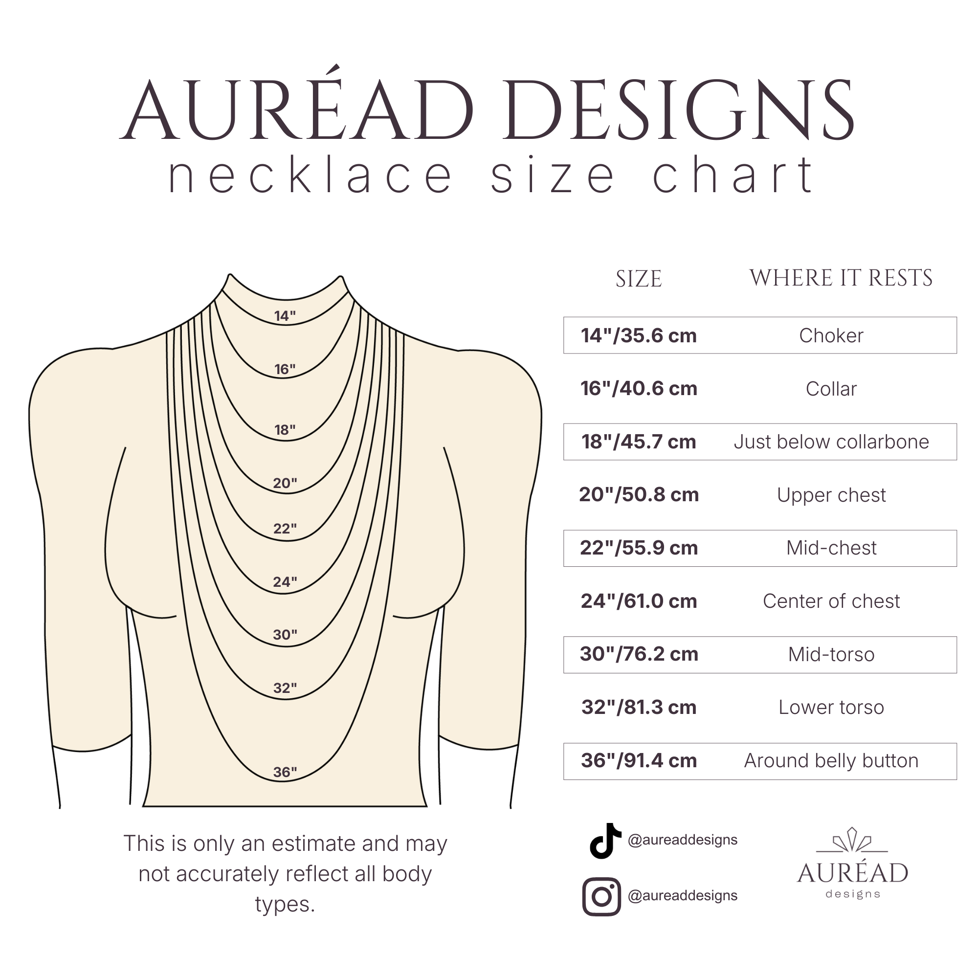 Auréad Designs necklace sizing guide infographic showing length options from choker to opera length with illustrated neckline reference