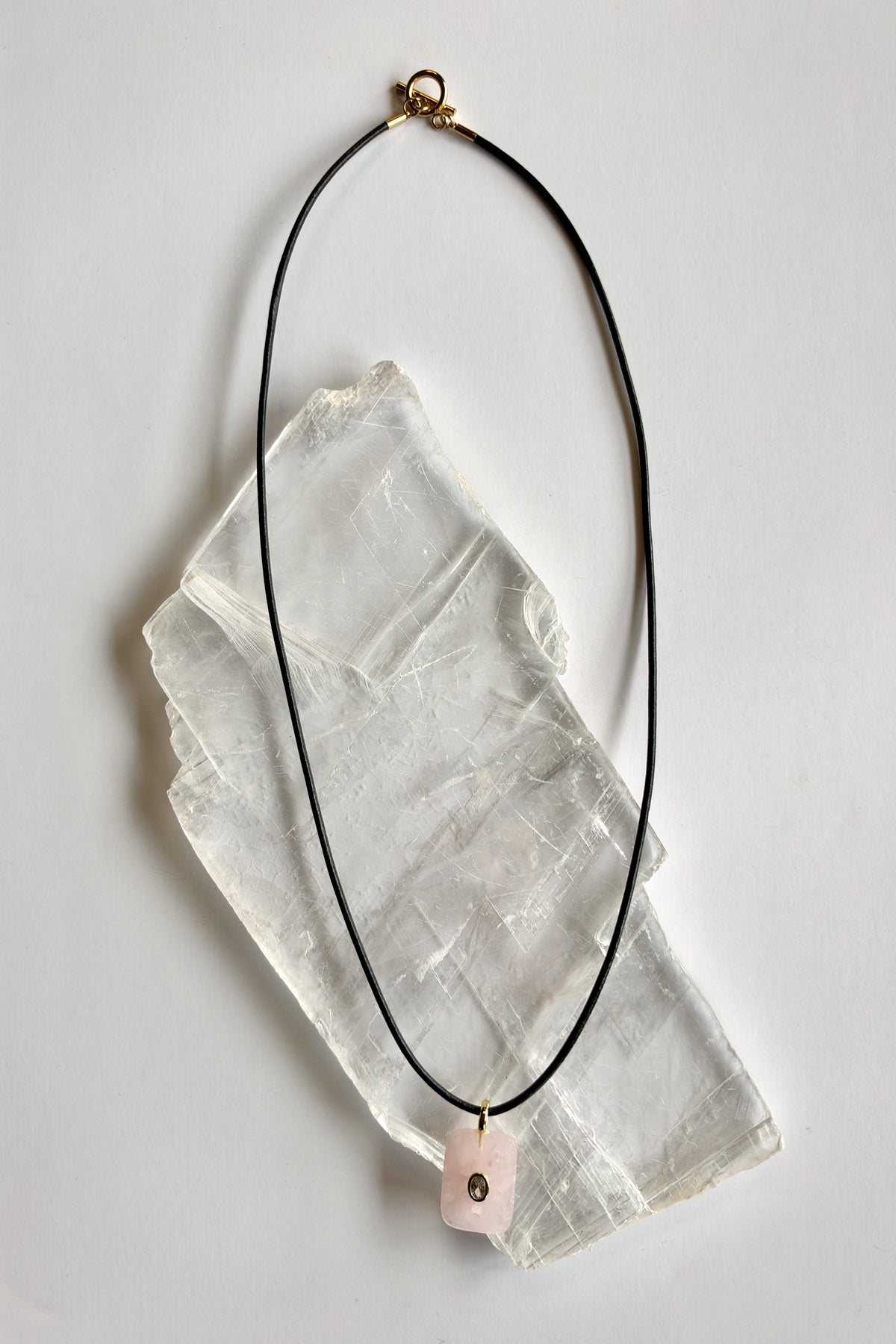 Rosenne rose quartz pendant necklace by Auréad Designs full length flat lay showing toggle clasp