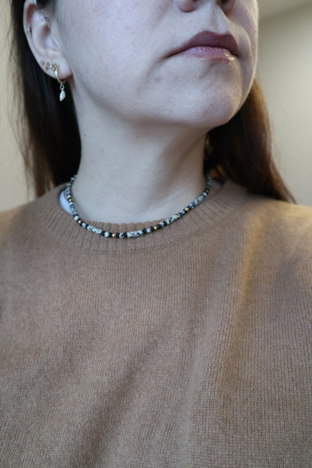 Sorren dalmatian jasper and ice obsidian necklace worn at the collarbone, front view, styled with a neutral toned top