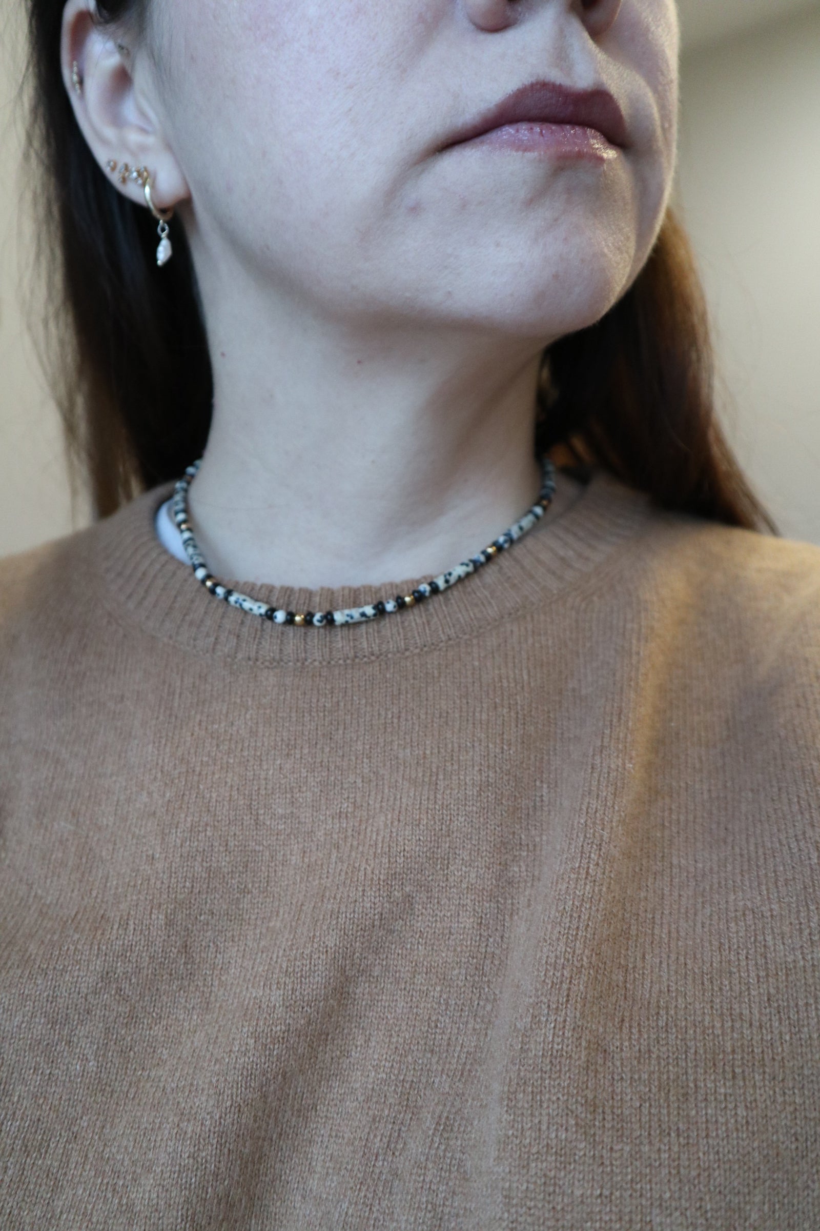 Sorren dalmatian jasper and ice obsidian necklace worn at the collarbone, front view, styled with a neutral toned top