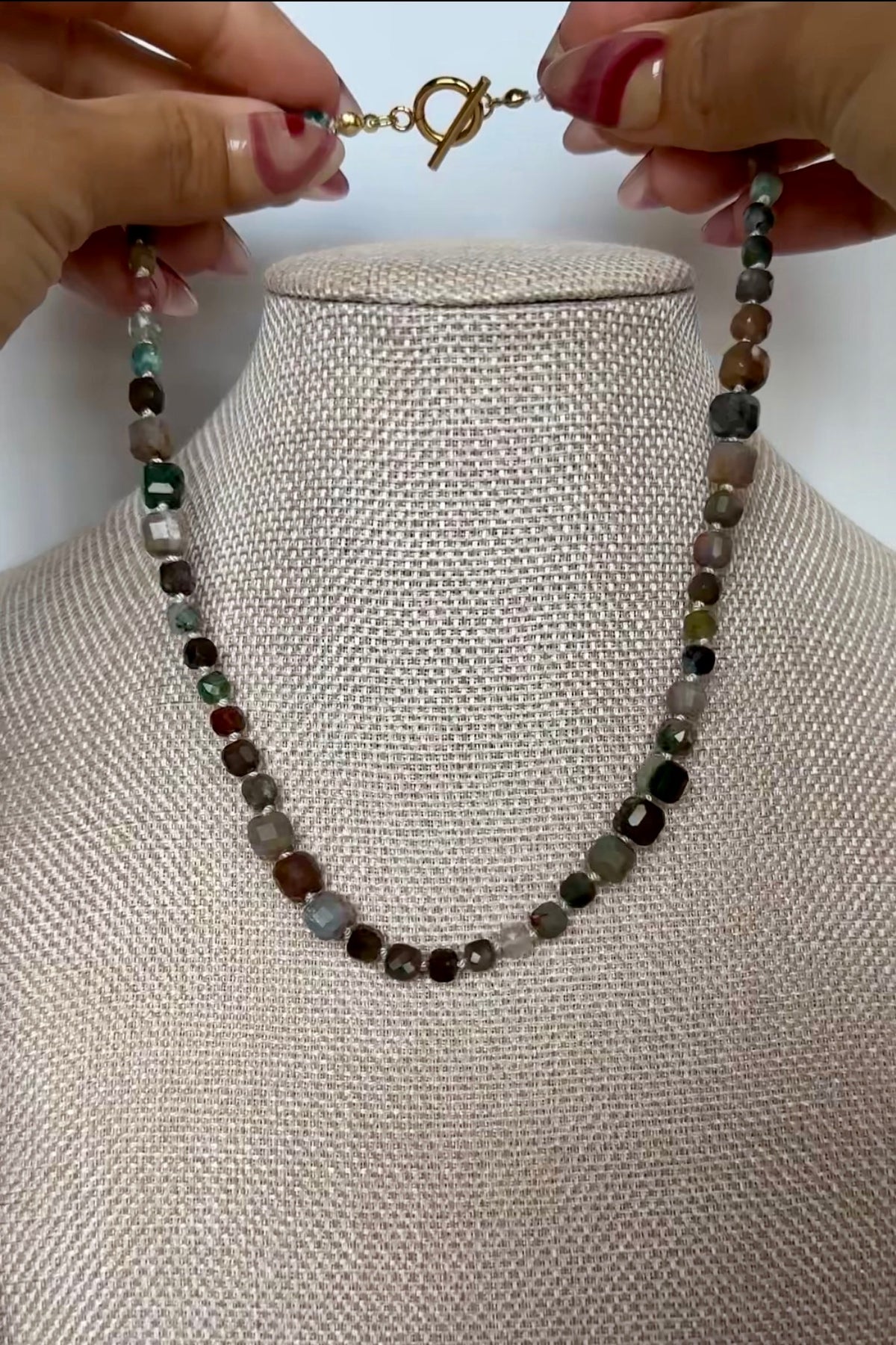 Auréad Designs Current necklace product video — handmade indian agate necklace from the Glacier Collection, showing full piece, bead detail, and worn styling