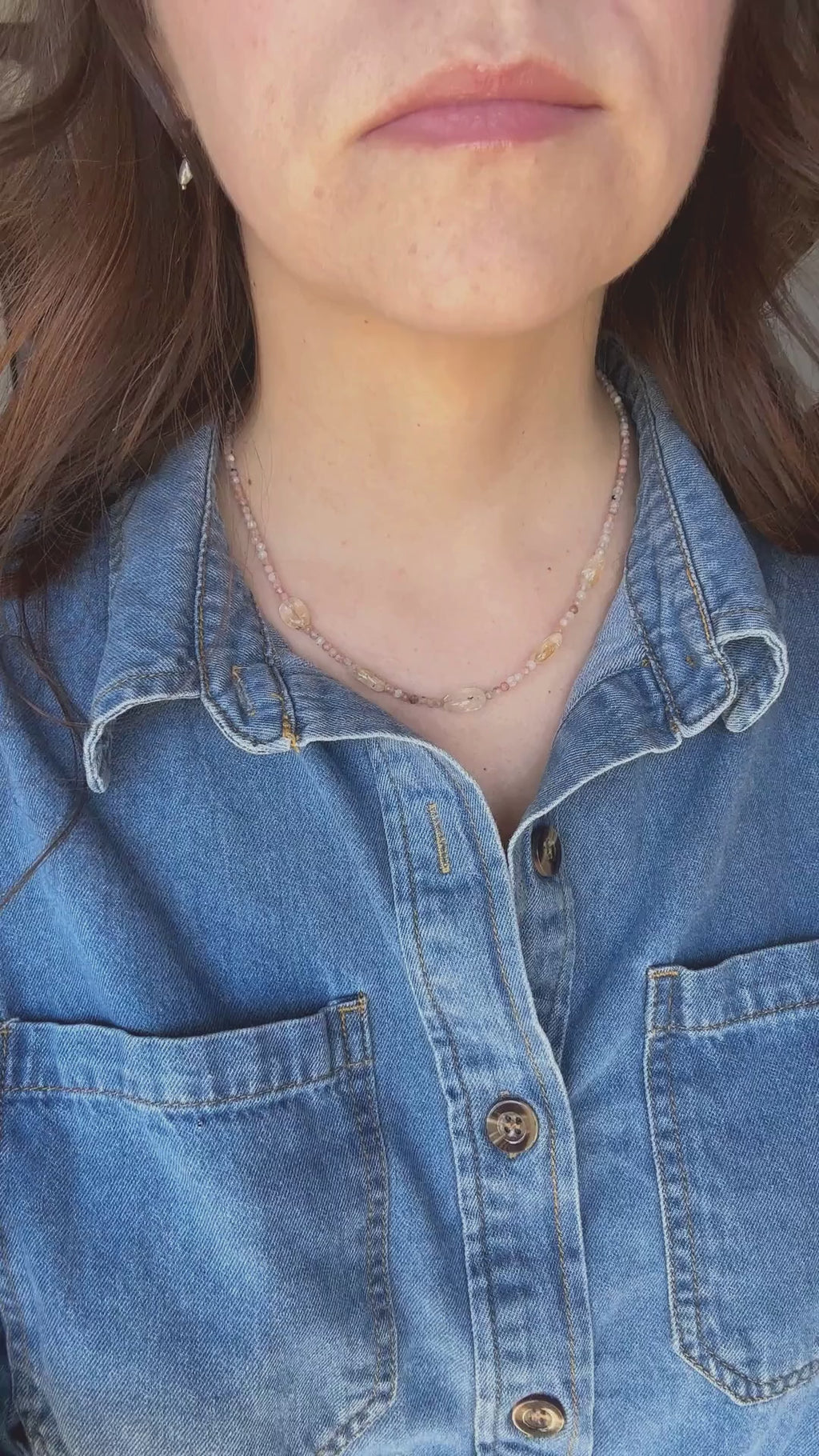 Calora sunstone and citrine necklace by Auréad Designs–handmade gemstone necklace with gold accents, shown being worn